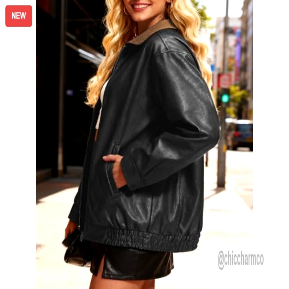Oversized Bomber Leather Jacket Motorcycle Zip Up Trendy Chic Y2K - Picture 3 of 7